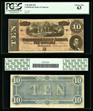 Csa 1864 T - 68 $10 Confederate States Currency Note Pcgs Choice 63 Ten Dollar photo
