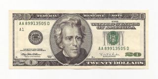 $20 Twenty Dollar Bill United States 1996 Aa photo