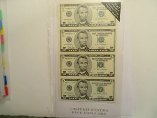 Uncut Sheet Of 4 2003 $5 Federal Reserve,  Package photo