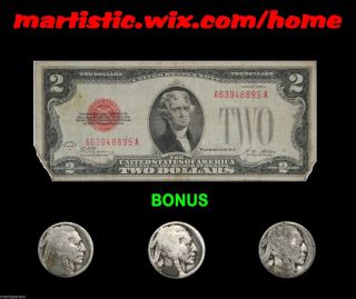 1928 - A $2 Us Red Seal Note Plus Bonus Buffalo Nickel Triplets Starting @ 1 Penny photo