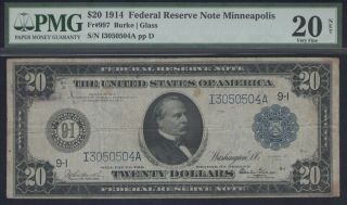 Rare Fr 997 1914 $20 Minneapolis Fed ( (burke - Glass))  Pmg 20 L@@k Nr photo