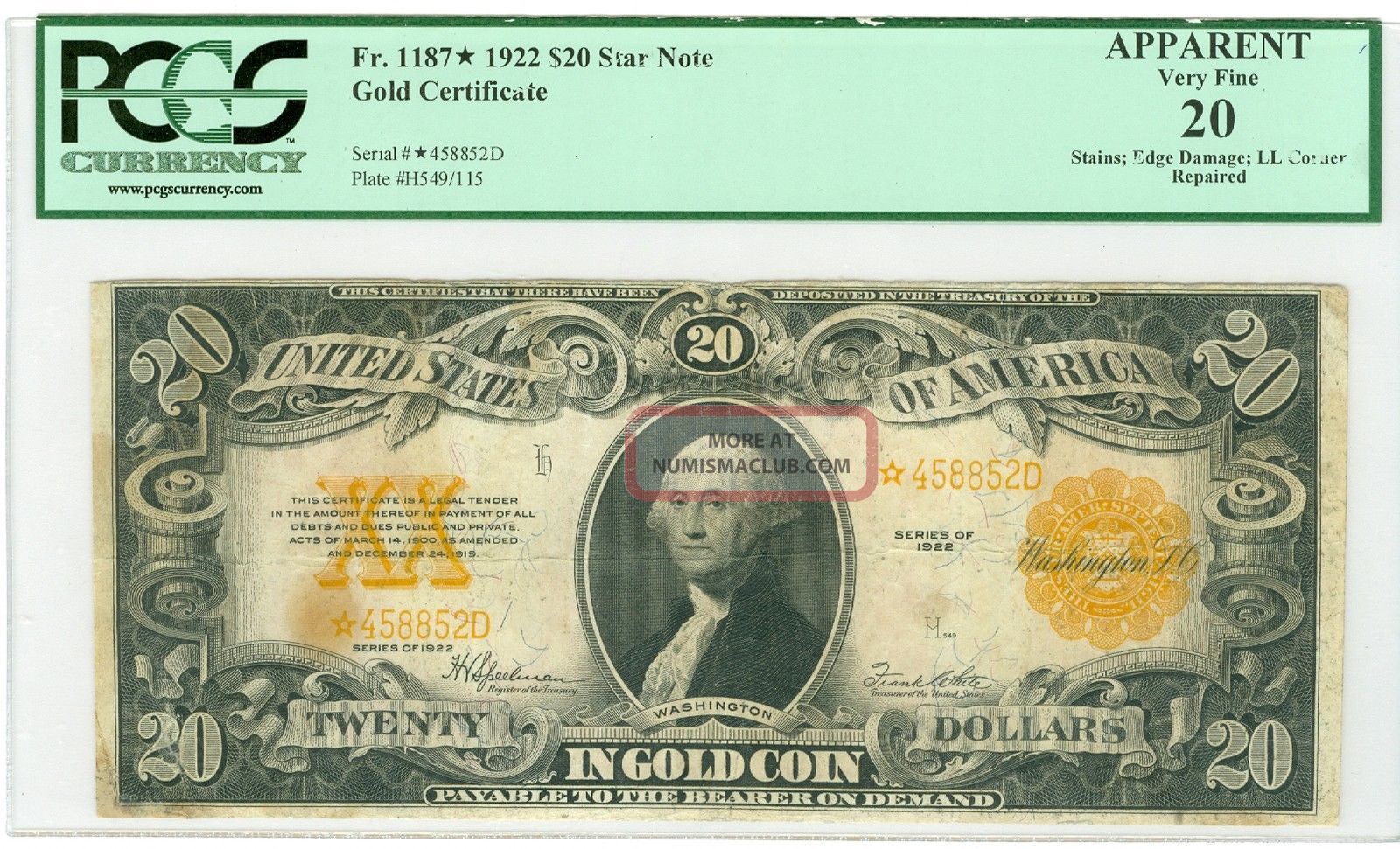 1922 $20 Gold Certificate Star Note Replacement Note Pcgs Vf20 Net Fr 1187 Large Size Notes photo