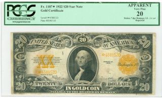 1922 $20 Gold Certificate Star Note Replacement Note Pcgs Vf20 Net Fr 1187 photo