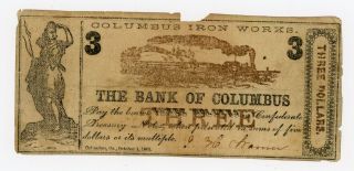 1862 $3 The Columbus Iron - Columbus,  Georgia Note Civil War Era W/ Train photo