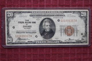 Series 1929 $20 Federal Reserve Bank Of Chicago Note Fr1870g G01839367a photo