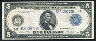 Fr.  851a 1914 $5 Five Dollars Large Size Frn Federal Reserve Note Vf, photo