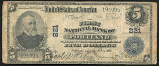 1902 $5 The First National Bank Of Portland,  Me National Currency Ch.  221 photo
