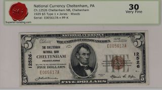 Very Rare 1929 $5 Cheltenham,  Pa.  Superior Vf 30.  Type 1 photo