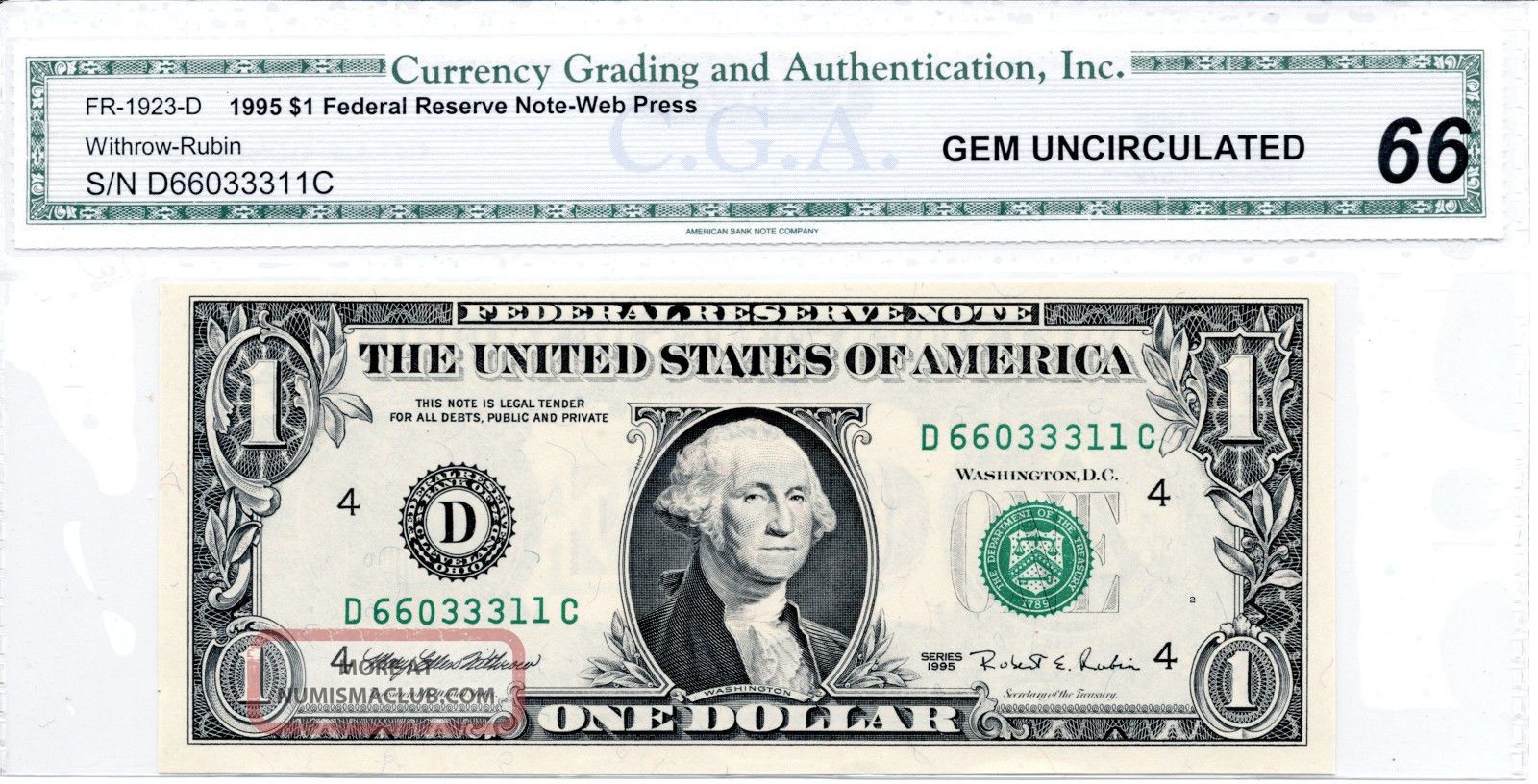 1995 $1 Fancy Web Press Federal Reserve Note Cga Gem Uncirculated 66
