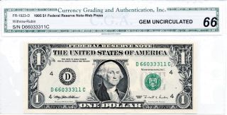 1995 $1 Fancy Web Press Federal Reserve Note – Cga Gem Uncirculated 66 - Dc 2/9 photo