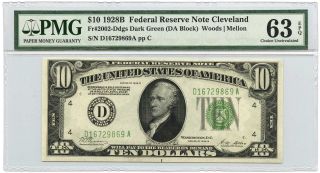 1928b $10 Federal Reserve Note Cleveland,  Oh Pmg Choice Uncirculated 63 Epq photo