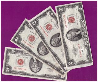 (4) 2 - 1953& 2 - 1963 Old Us Note Legal Tender Paper Money Currency Red Seal L195 photo