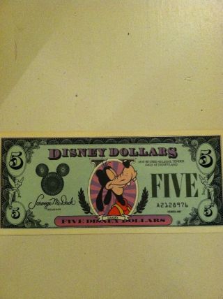 1987 $5 Disney Dollar With Sn A2128976 In Protective Sleeve photo