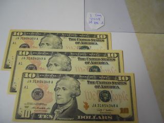 3 Sequential $10 Bills.  ($30) 2013 Block/serial Number Ja/a 3548 Uncirculated photo