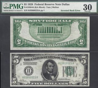 $5 1928 Frn==inverted Back==numeral Seal==retail $1500==pmg Very Fine 30 photo