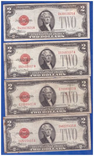 (4) 1928 2 Dollars Old Us Note Legal Tender Paper Money Currency Red Seal Q - 61 photo