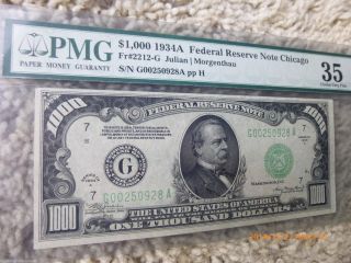 1934a $1000 Federal Reserve Note Chicago S/n G00250928a Paper Money Pmg 35 photo