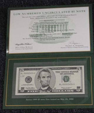 Low Numbered Unc $5 Us Deluxe Frn Note Series 1999 Bl00002454a photo
