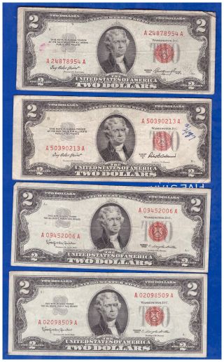 (4) 2 - 1953& 2 - 1963 Old Us Note Legal Tender Paper Money Currency Red Seal C - 59 photo