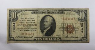 $10.  00 Circulated 1929 National Bank Note San Francisco,  Ca T1 Charter 13044 photo