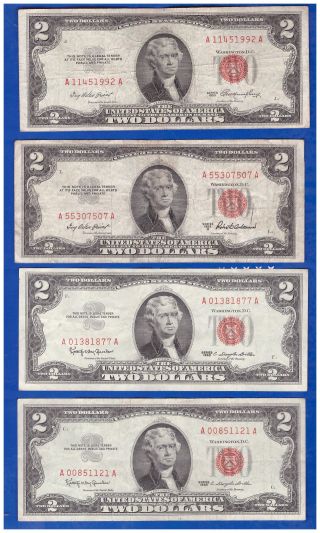 (4) 2 - 1953& 2 - 1963 Old Us Note Legal Tender Paper Money Currency Red Seal C - 60 photo