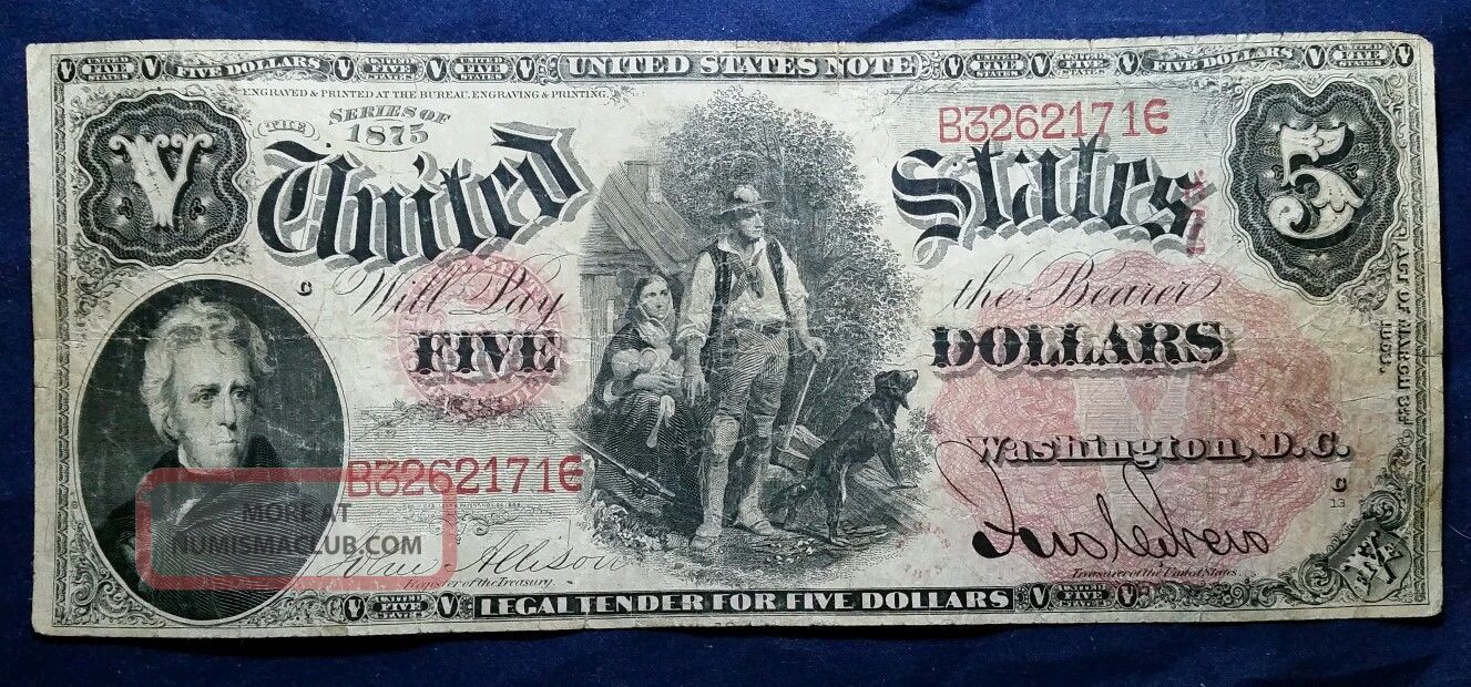 1875 $5 Vf Series Fr - 67 Scarce 1875 Us Legal Tender Large Size Currency Note Large Size Notes photo