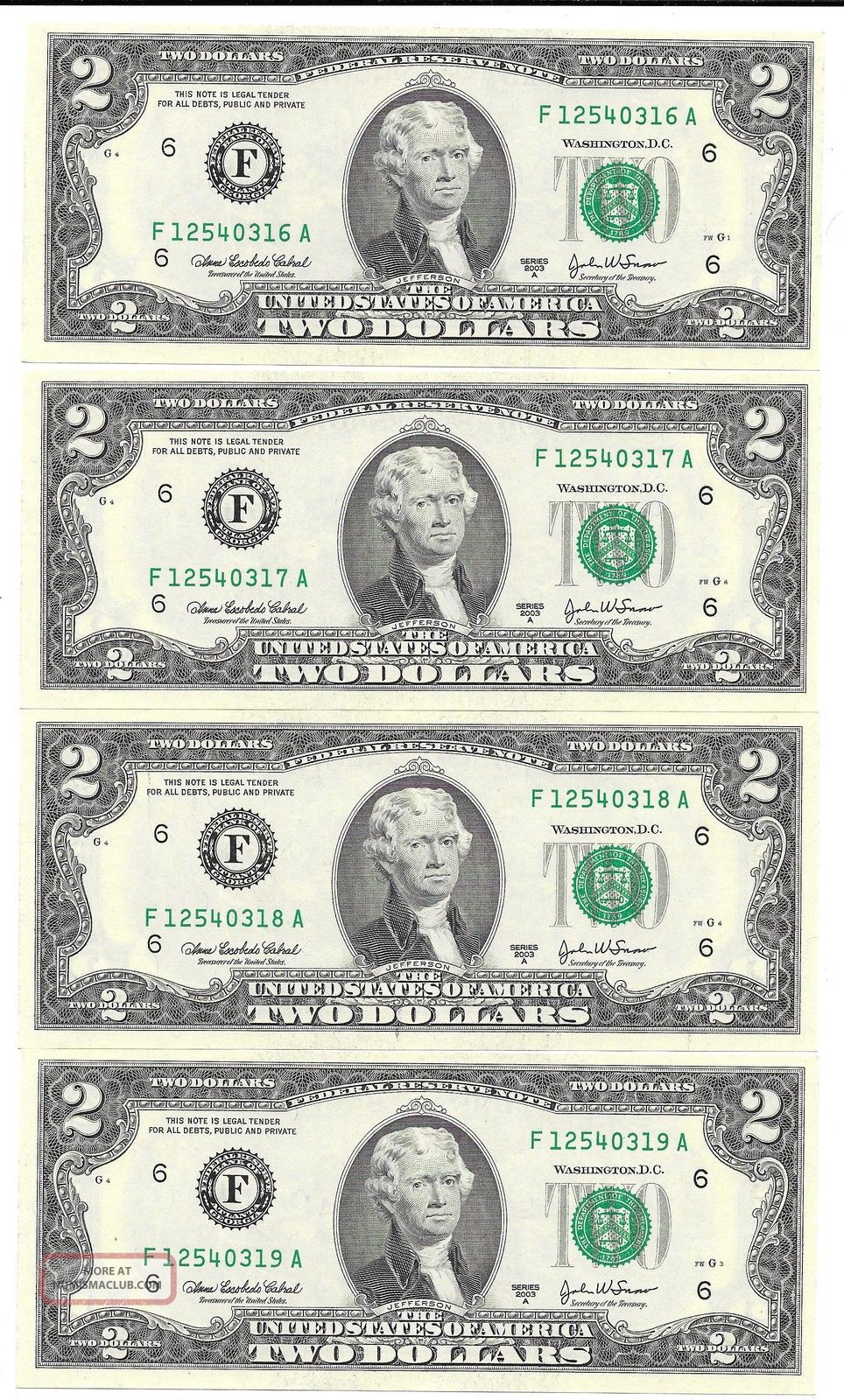 4 Uncirculated Two Dollar Bills 2003 Series Paper Money In Numbered