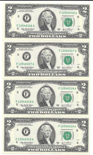 4 Uncirculated Two Dollar Bills 2003 Series Paper Money In Numbered Sequence photo