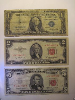 1935 $1 Silver Certificate,  1953 $2 Red Seal Note And A 1963 $5 Red Seal Note photo