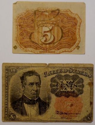 1863 Civil War 5 Five Cents Fractional Postal Currency & 1849 10 Cents Bank Note photo