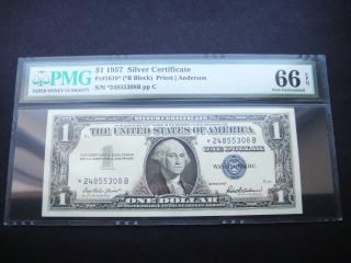 $1 1957 Star Silver Certificate Choice Unc Gem Bu Note Pmg 66 Epq photo