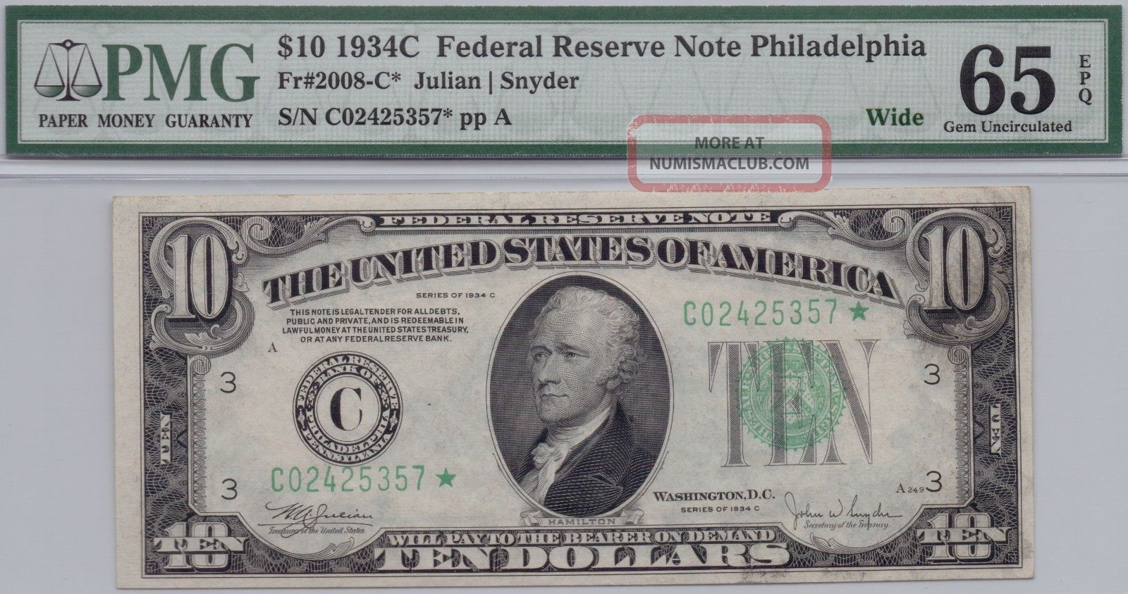 1934c $10 Federal Reserve Note Fr 2008 - C Wide (star) Julian Snyder Pmg 65 Epq Small Size Notes photo