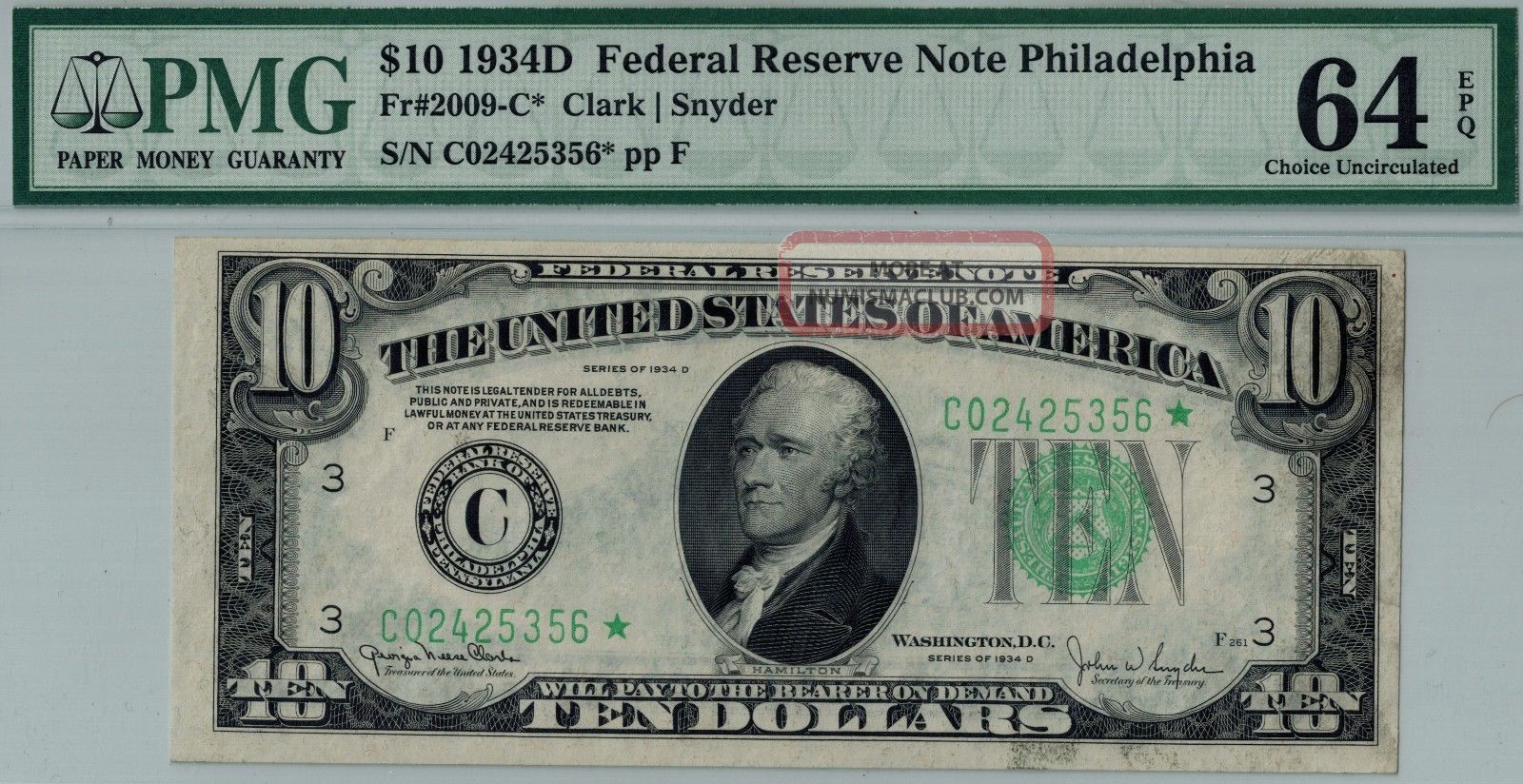 1934d $10 Frn Philadelphia Fr 2009 - C Star Note Pmg 64 Epq Total Pop 23 Rare Small Size Notes photo