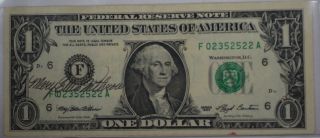 1993 $1 Dollar Bill F Atlanta Series F Signed By Treasurer Mary Ellen Withrow photo