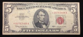 1963 $5 Federal Reserve Note - Circulated - Red Seal - Star Note - photo