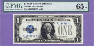1928 $1.  00 Silver Certificate Pmg 65 Epq Gem Unc Aa Block A11855687a photo