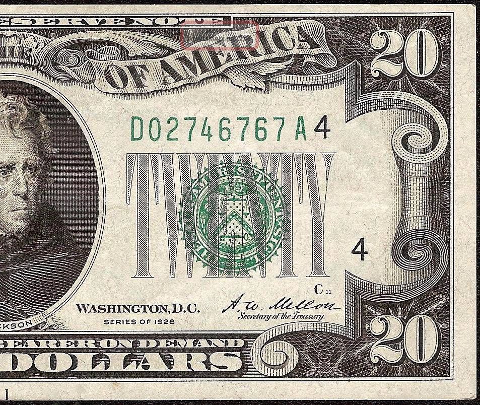 1928 $20 Dollar Bill Numerical Gold On Demand Federal Reserve Note 4 Ef Xf