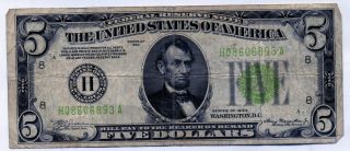 1934 $5 Federal Reserve Note Green Seal No Pinholes photo