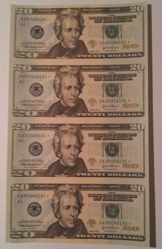 2004 Uncut Sheet Of 4 Subjects $20 Star Note - Boston District (a1) Low S/n photo