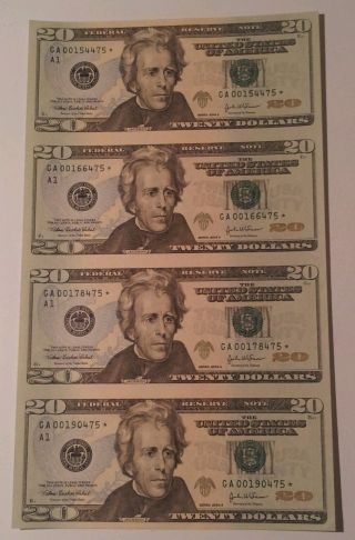 2004 Uncut Sheet Of 4 Subjects $20 Star Note - Boston District (a1) photo