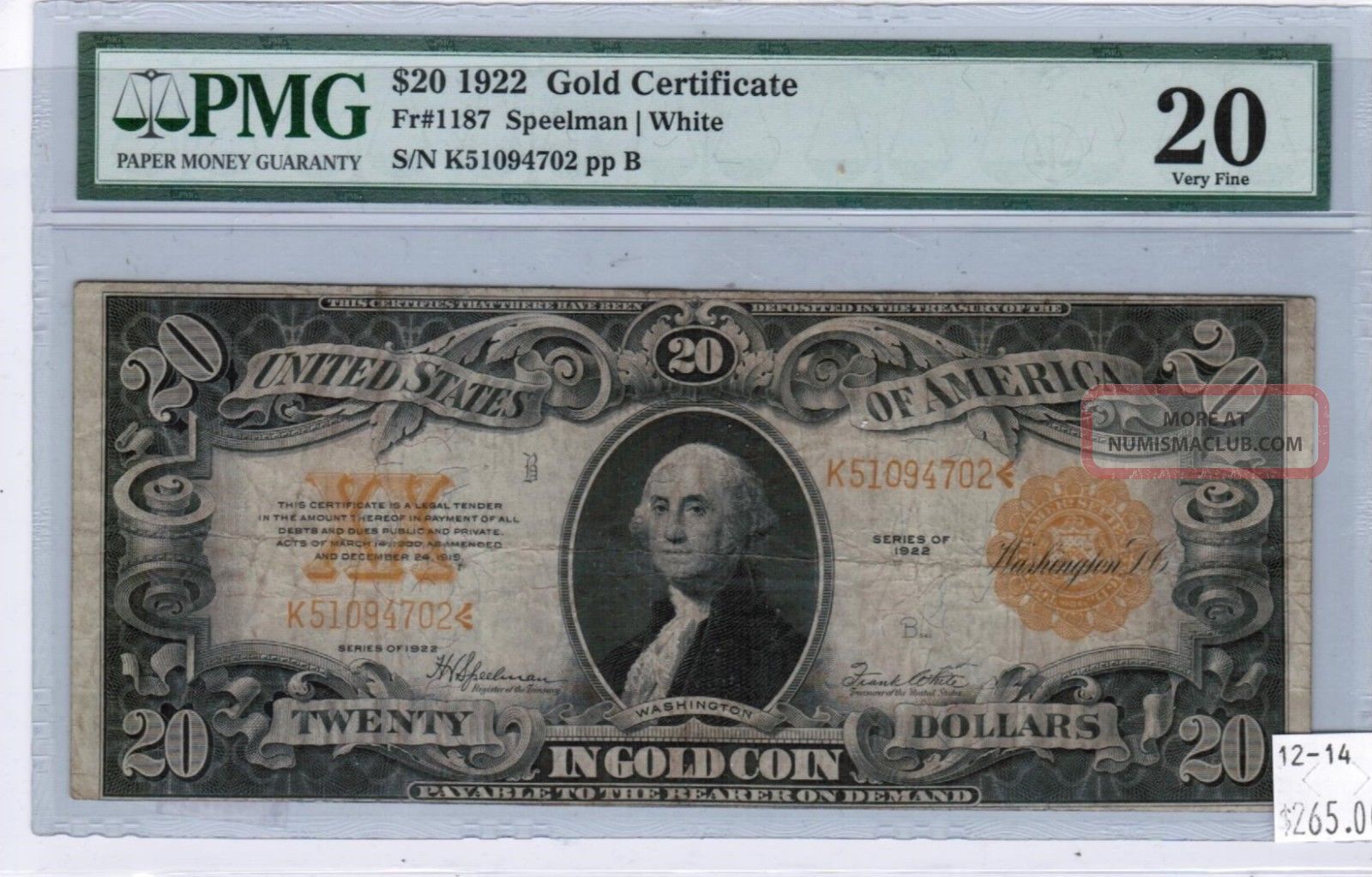 1922 $20 Gold Certificate - Pmg Vf 20 - Fr 1187 - Serial K51094702 Large Size Notes photo