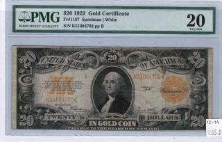1922 $20 Gold Certificate - Pmg Vf 20 - Fr 1187 - Serial K51094702 photo