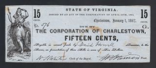 15¢ 1862 Charlestown Va (wv) Obsolete Old War Paper Money Note Upham Ctft Bill photo