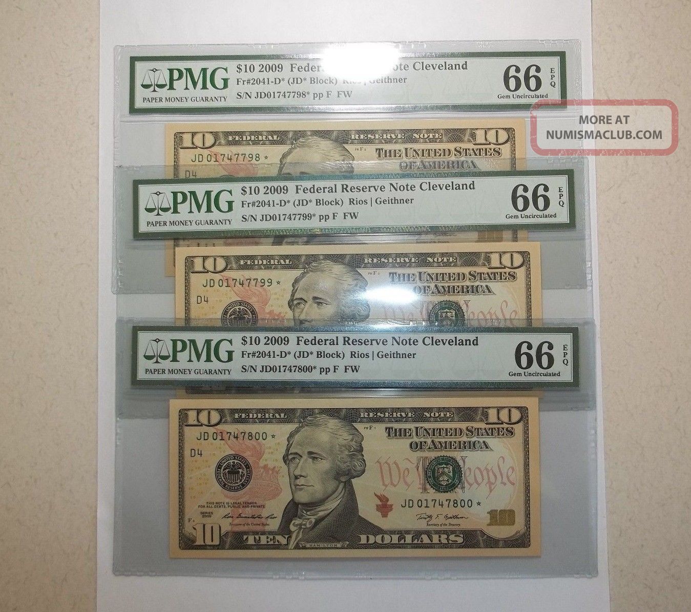 2009 $10 Federal Reserve Star Note 3 Consecutive Pmg 66 Epq Small Size Notes photo