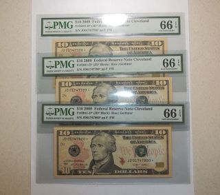 2009 $10 Federal Reserve Star Note 3 Consecutive Pmg 66 Epq photo