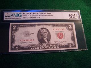 1953 C $2 Legal Tender Note Pmg Gem Uncirculated 66 Epq Fr.  1512 photo