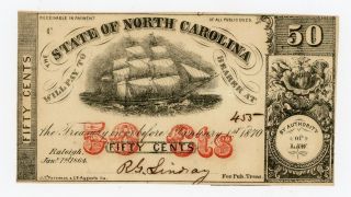 1864 Cr.  149 50c The State Of North Carolina Note - Civil War Era W/ Ship Cu photo