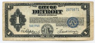 1933 City Of Detroit Depression Scrip Note - $1 Bill photo