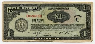 1934 City Of Detroit Depression Scrip Note - $1 Bill photo