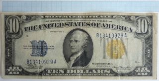 1934 A Usa Silver Cert.  Circulated Ten Dollars Bnote Yellow Seal/military Africa photo
